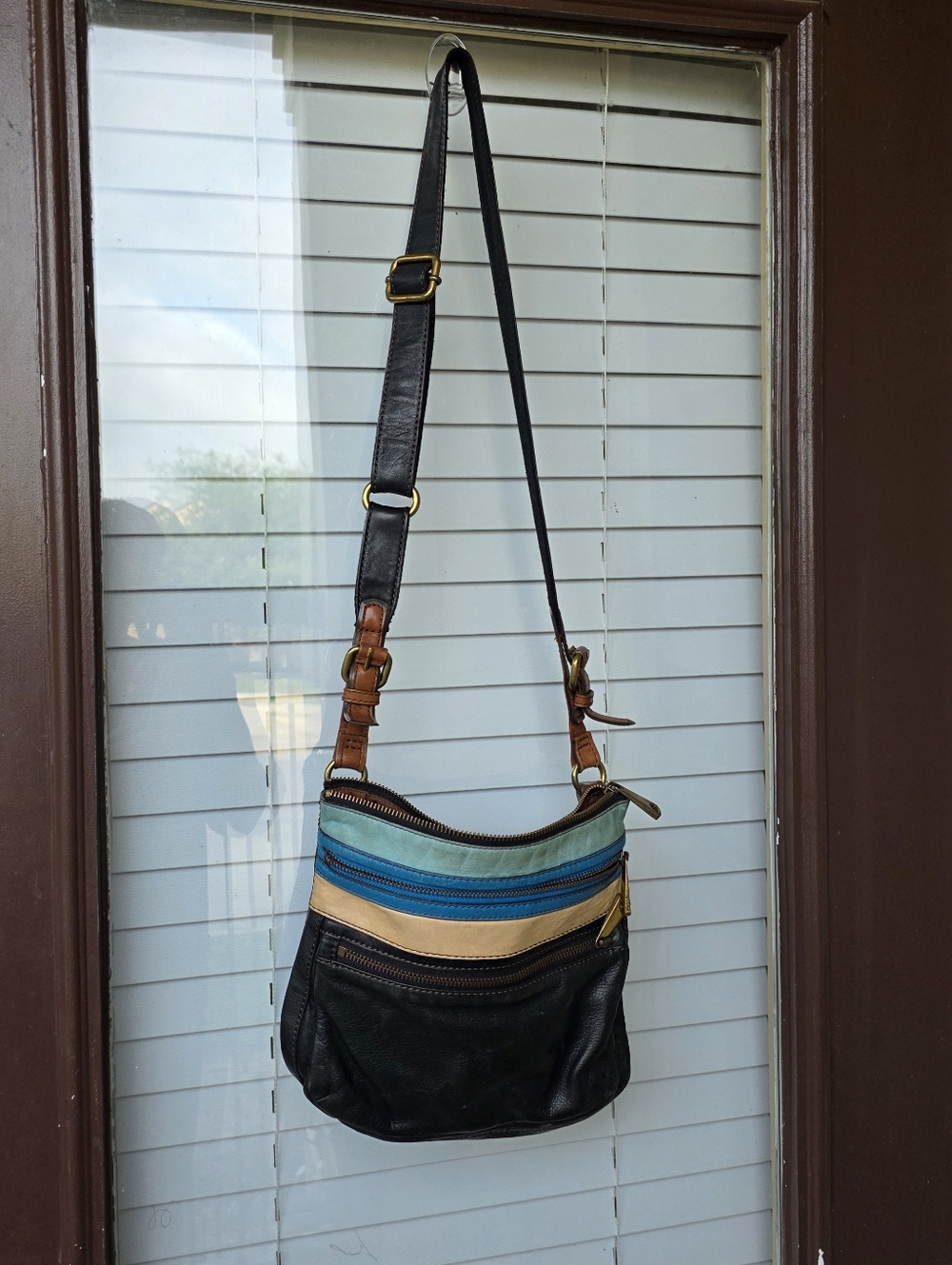 Vtg Fossil Explorer Pebbled Cowhide Leather Crossbody Colorblock Shoulder Bag